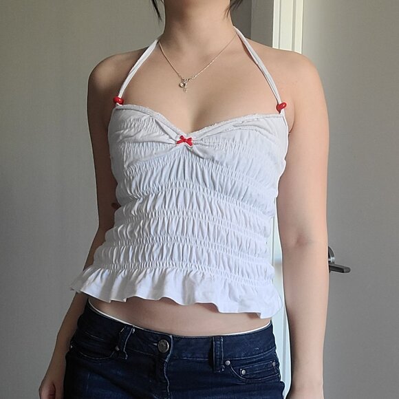 Tops - Handmade Lace Smocked White & Red Bow Bodycon Halter Top